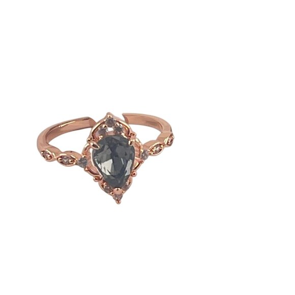 Elegant Rose Gold Tone Teardrop Ring With Blue Stone & Crystal Accents Size 7 - Picture 3 of 9